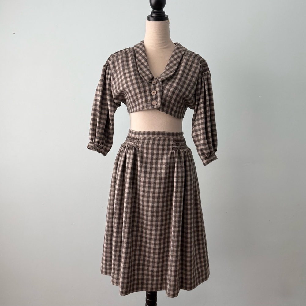Vintage 2-Piece Brown Gingham Skirt & Crop Top Set | XS